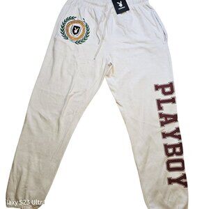 Playboy Sweat Pants Large White Joggers Athletic with Pockets Bunny Logo NWT